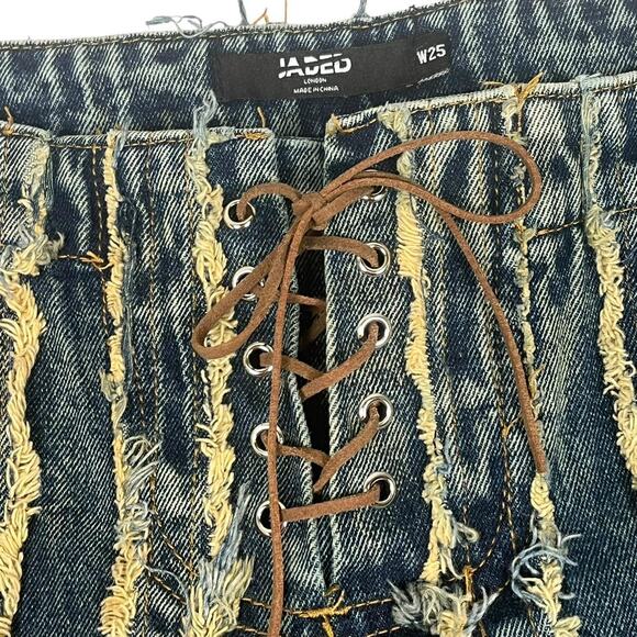 Jaded London Fringe Striped Denim Jeans Womens 25 Lace Up Boho Hippie Festival - Picture 2 of 7